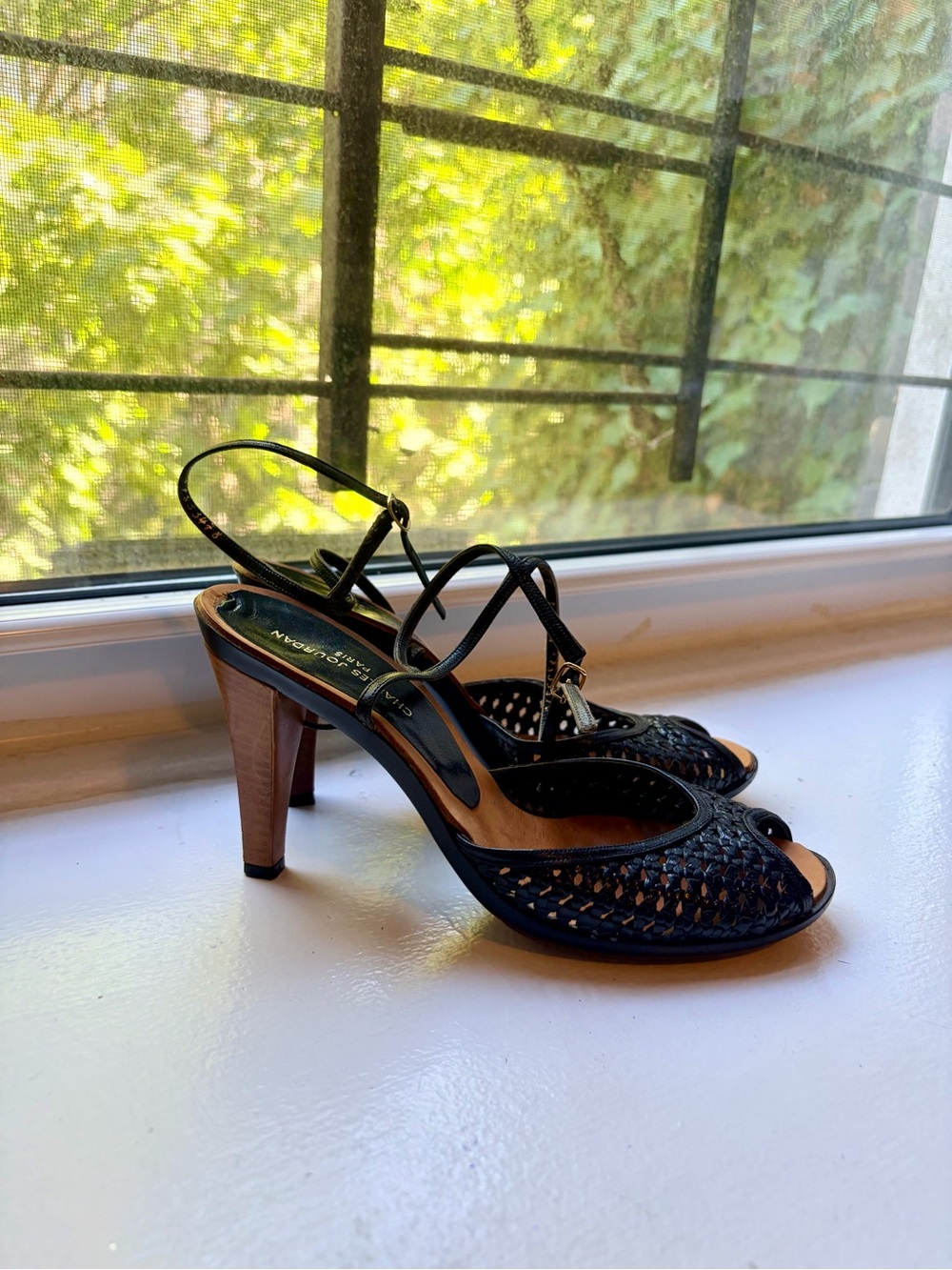 1980s Vintage French Black Woven Leather Heels with Wraparound Strap